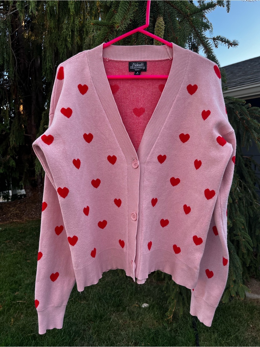 Abbott Elementary Pink Red Heart Cardigan Sweater Size S